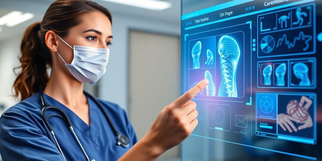 Healthcare professional using AI technology in a clinic.