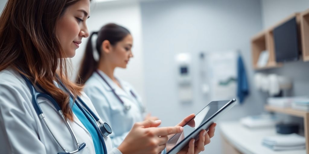 Healthcare professional using a tablet in a medical office.