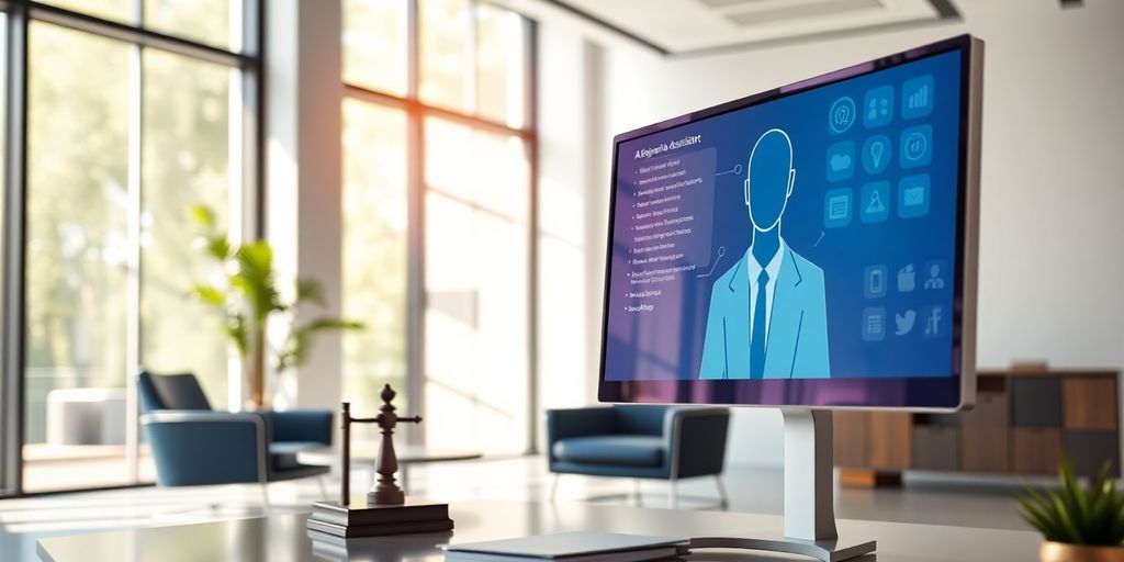 High-tech law office with AI assistant on screen.