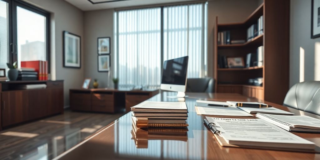 Modern law office with technology and legal documents.