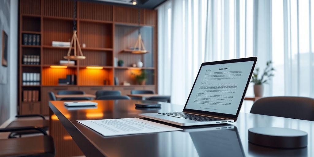 Modern law office with technology and legal documents.