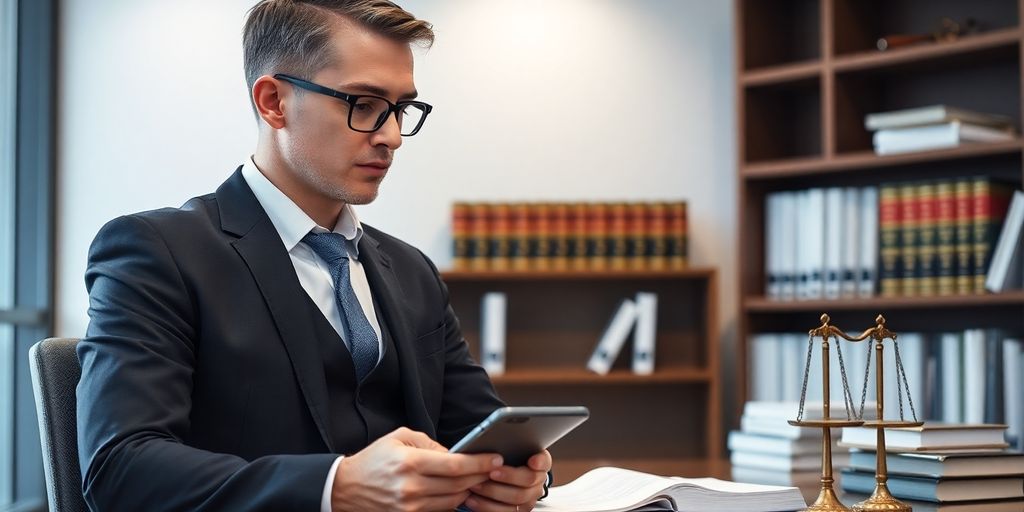 Lawyer using a smartphone in a modern legal office.