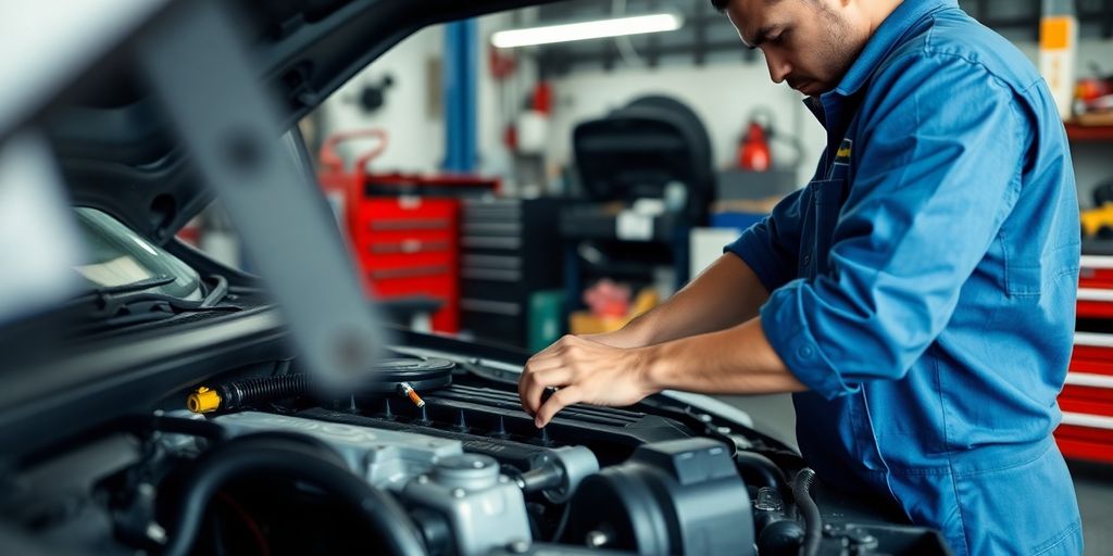 Mechanic working on a car engine in an auto shop.