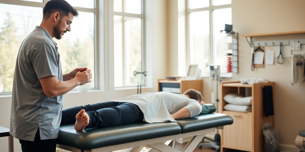 Chiropractor examining a patient in a bright clinic.