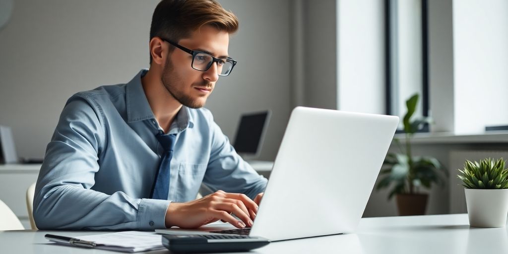 Accountant working diligently on a laptop in an office.