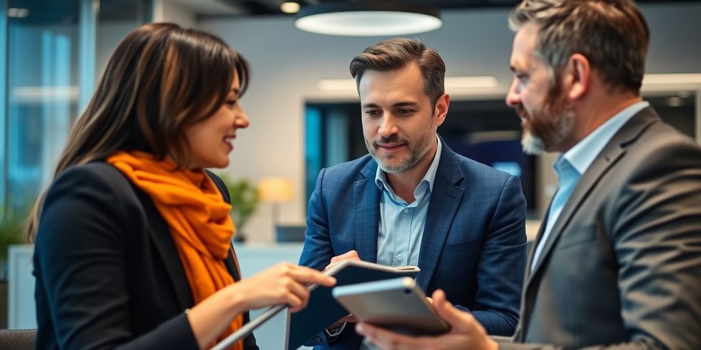 Insurance broker discussing solutions with a client in office.