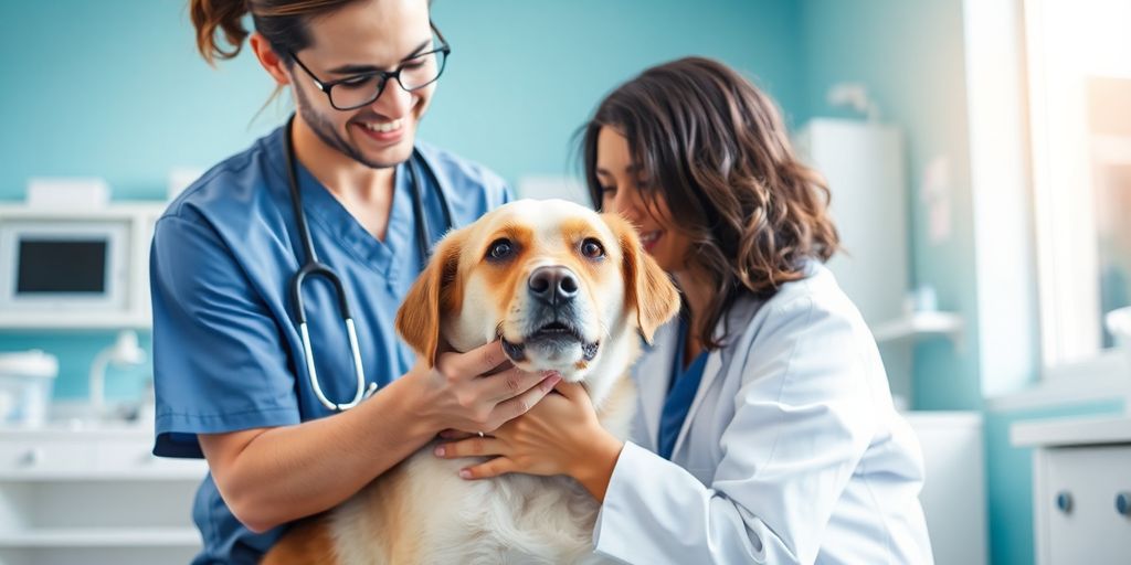 Veterinarian with a dog in a bright clinic.