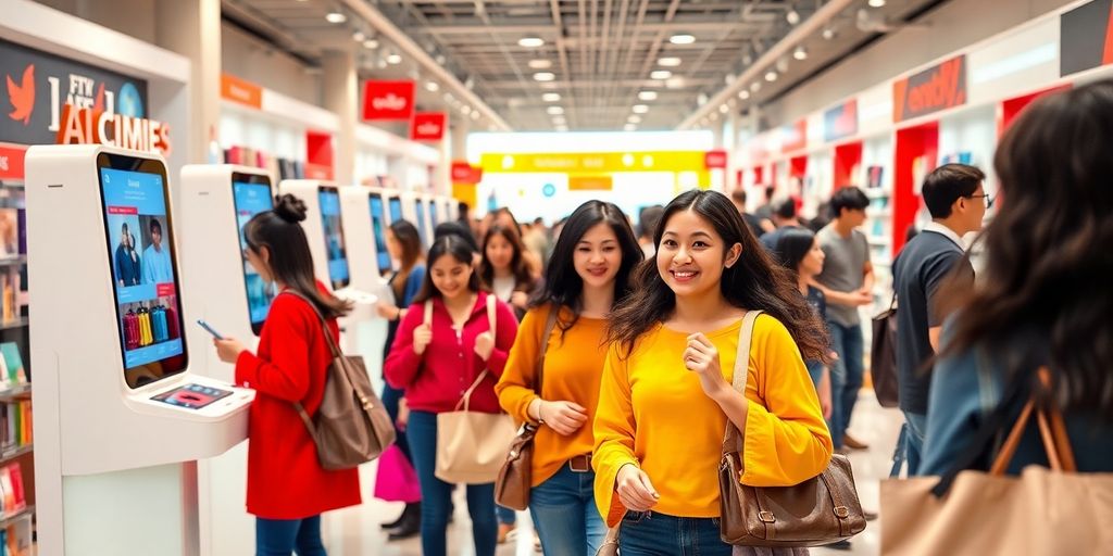 Retail shoppers interacting with AI technology in store.