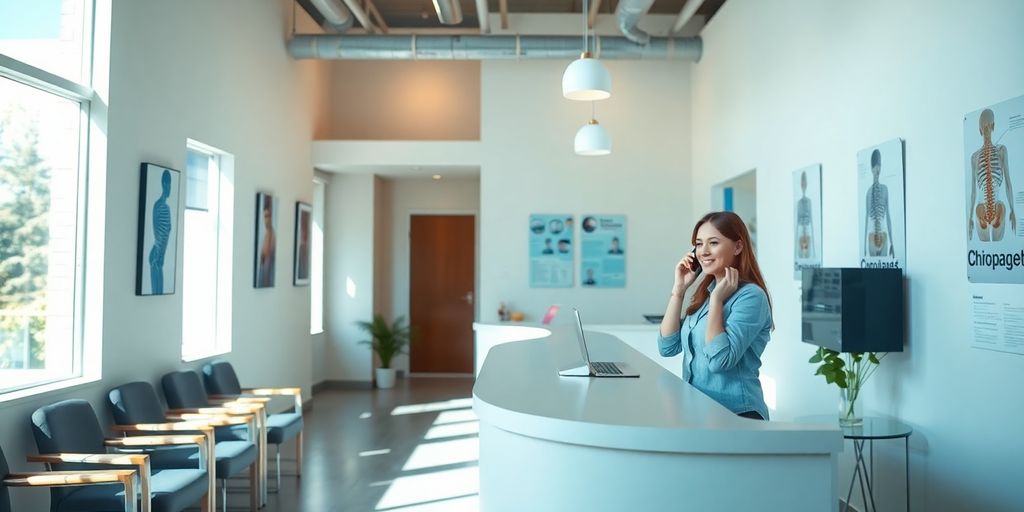 Chiropractor office with receptionist answering phone calls.