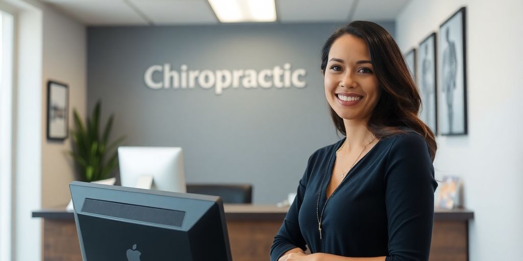 Receptionist using AI answering service in chiropractic office.