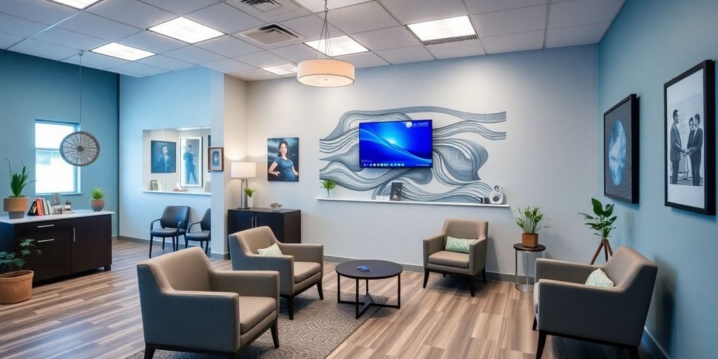Chiropractic office reception with modern decor and seating.