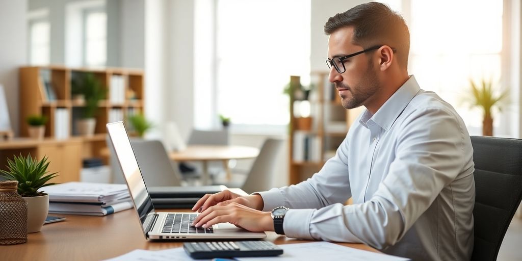 Accountant working on laptop in a bright office.