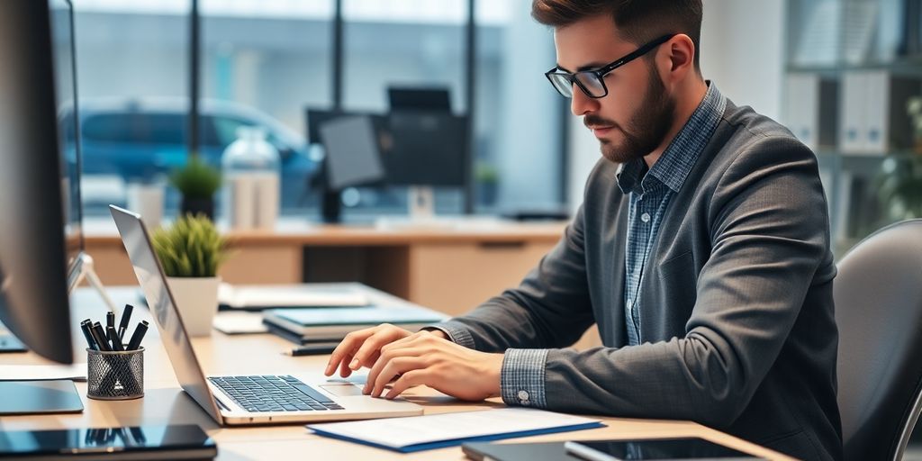 Accountant using AI technology in a modern office.
