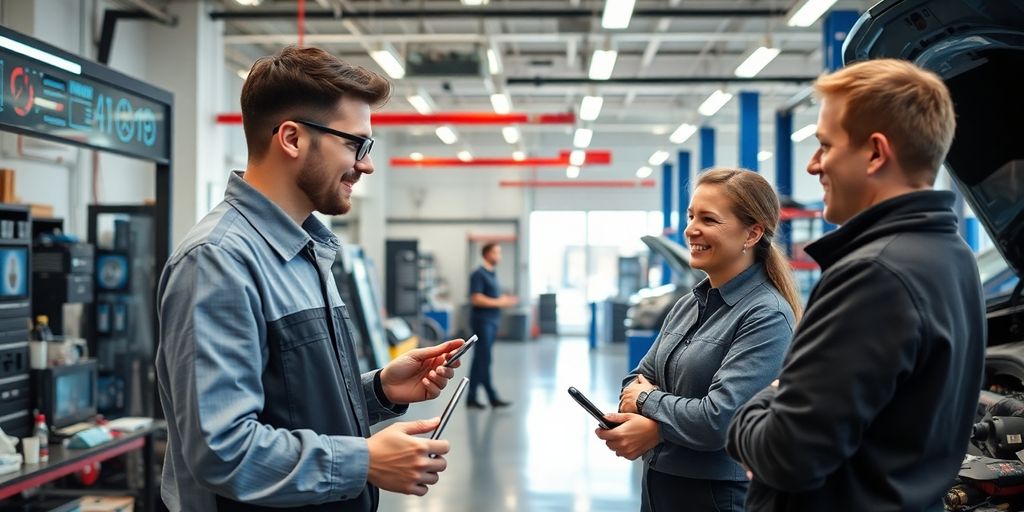 Modern auto shop with AI technology and happy customers.