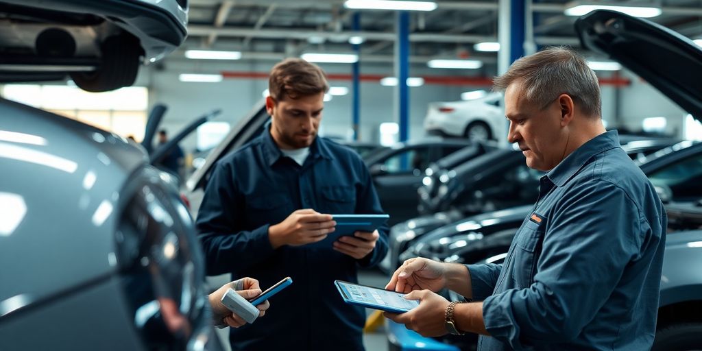 Auto shop technicians working with AI technology.