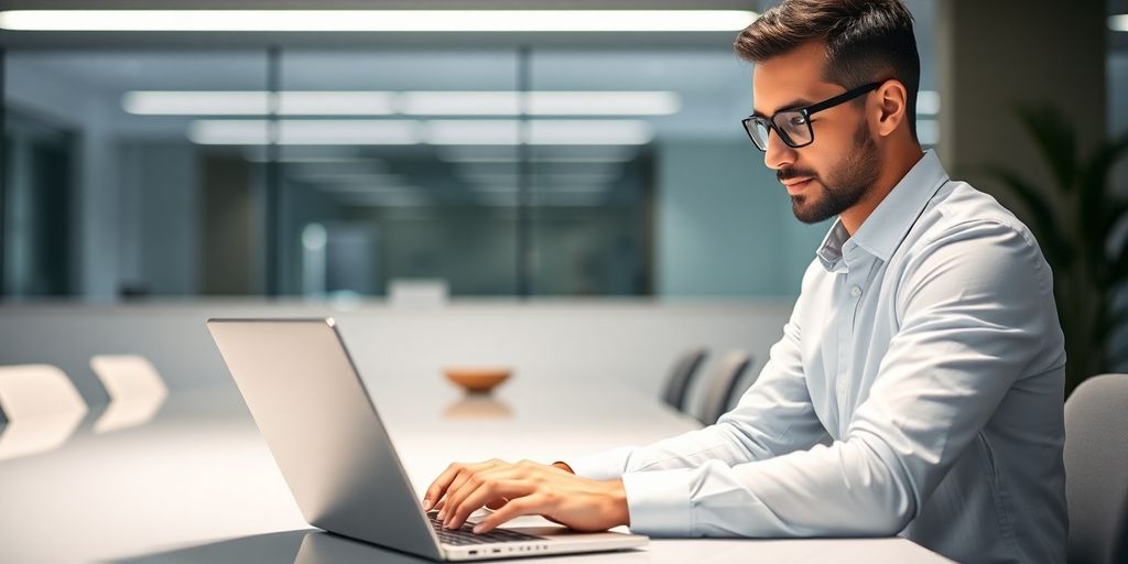 Accountant using laptop in a modern office setting.