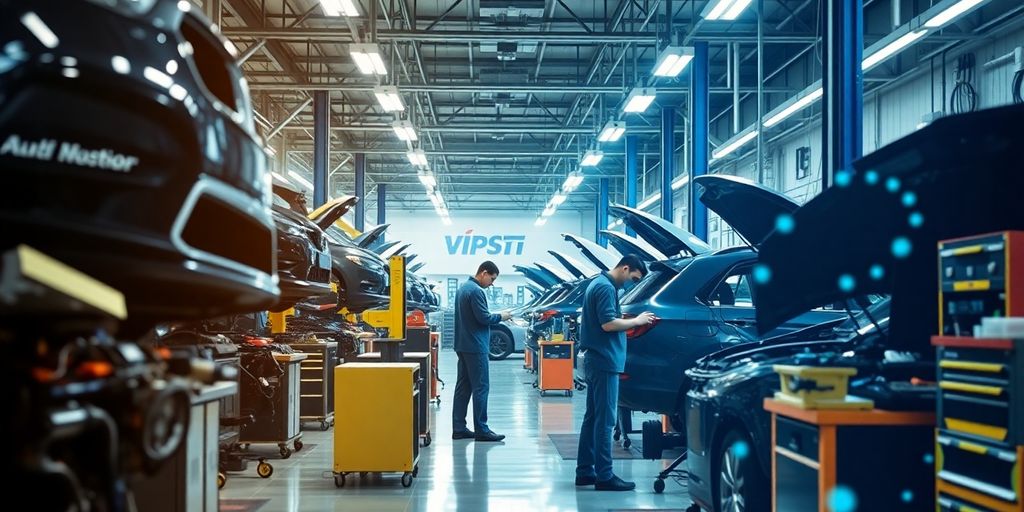 Auto shop with technicians and advanced AI technology.