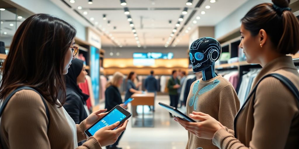 AI assistant in a modern retail store helping customers.