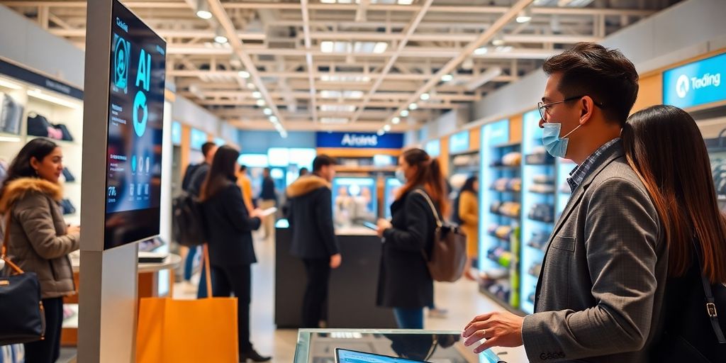 Retail staff using AI answering technology to assist customers.