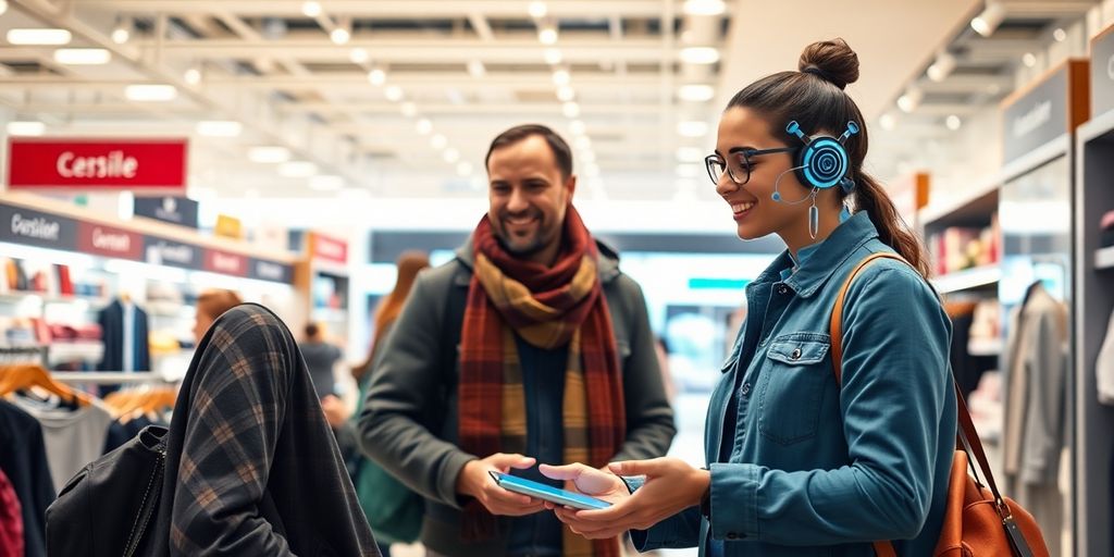 Employee assisting customer with AI technology in retail.
