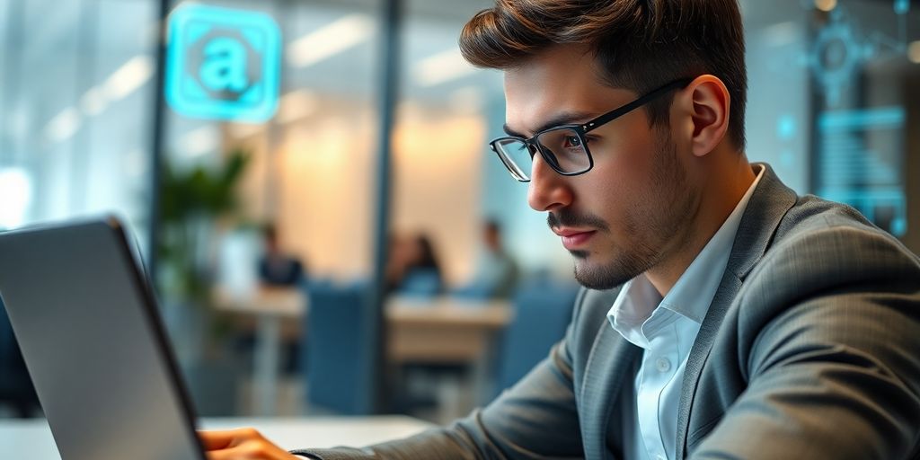 Insurance broker interacting with AI technology in office.