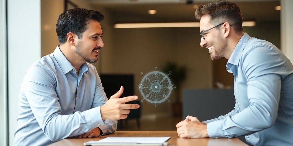 Insurance broker discussing AI technology with a client.