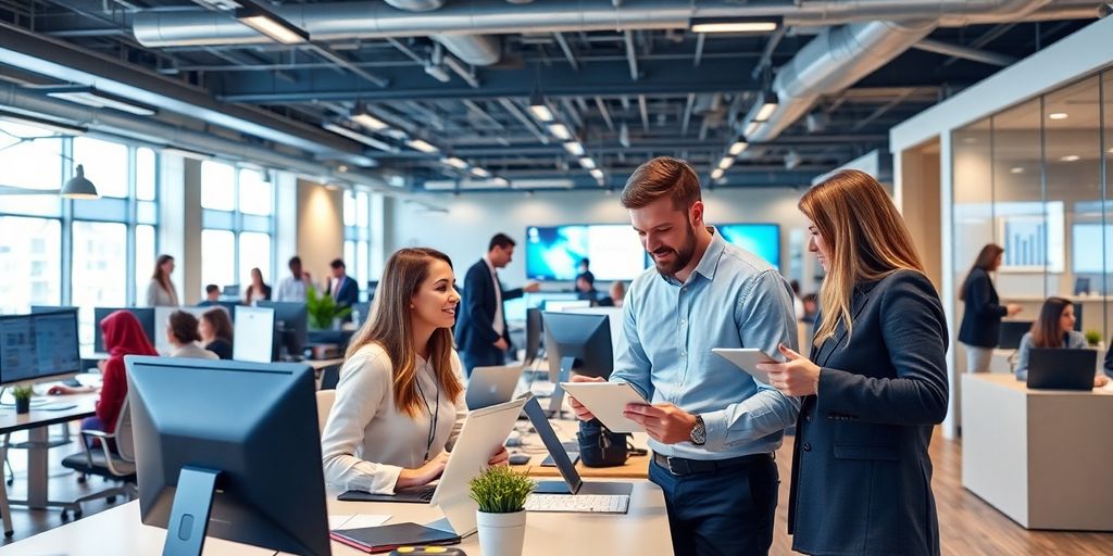 Professionals collaborating in a modern insurance office.