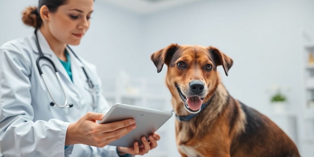 Veterinarian consulting a dog with a tablet in hand.