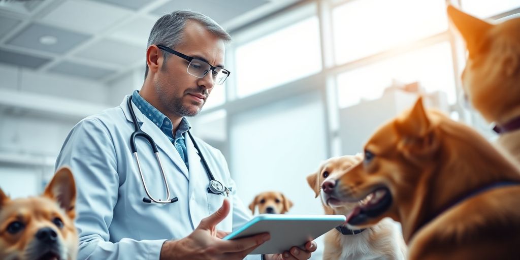 Veterinarian using AI technology in a clinic.