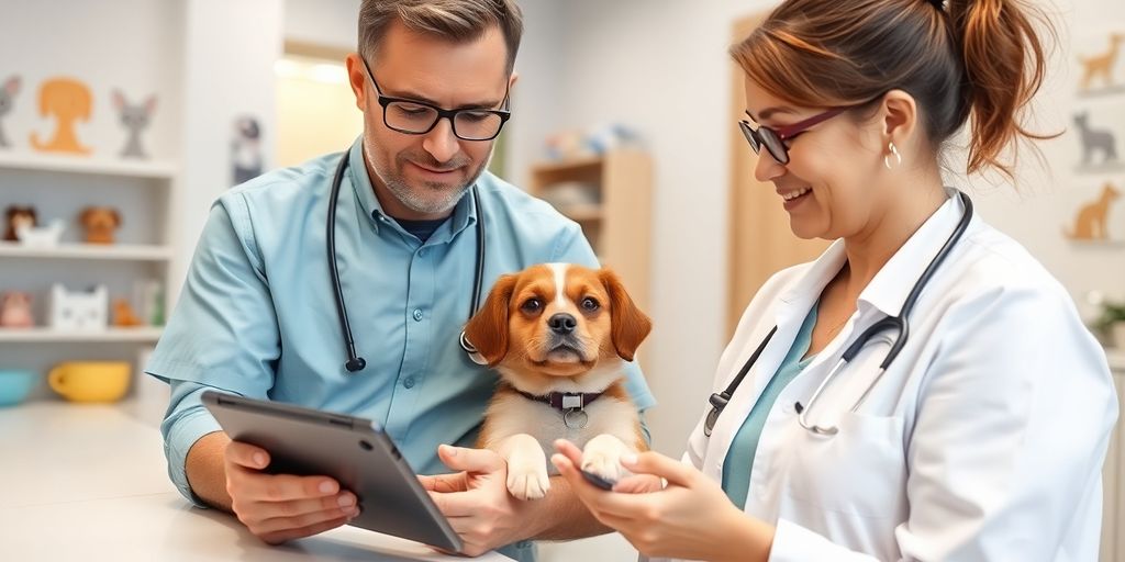 Veterinarian and pet owner using a tablet in clinic.