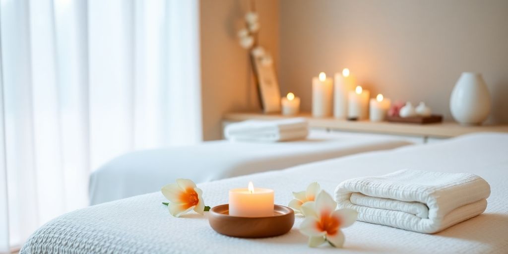A peaceful spa scene with candles and flowers.