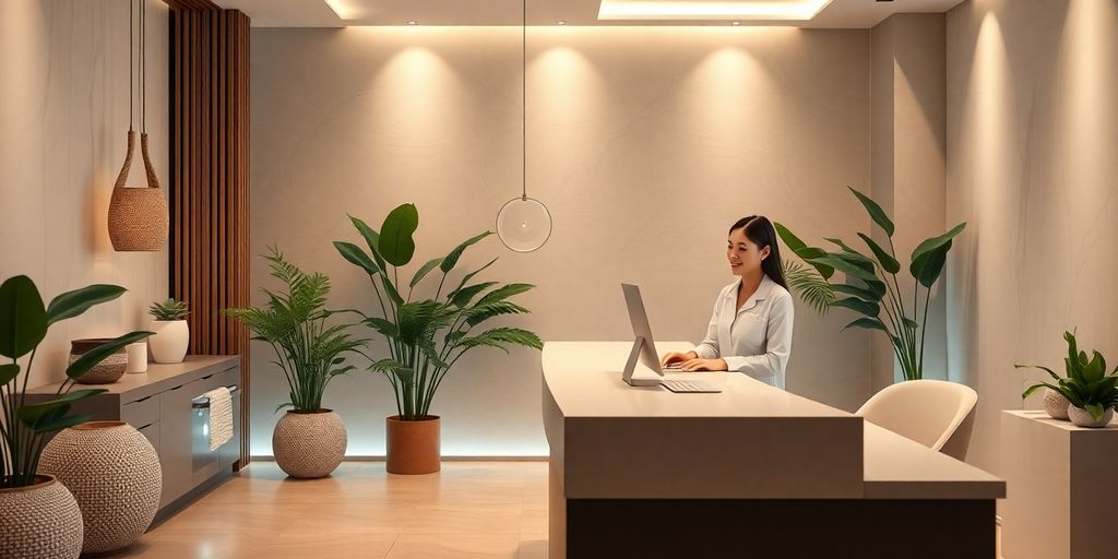 Modern spa reception with AI technology integration.