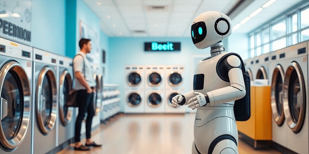 AI robot receptionist in a dry cleaning shop.