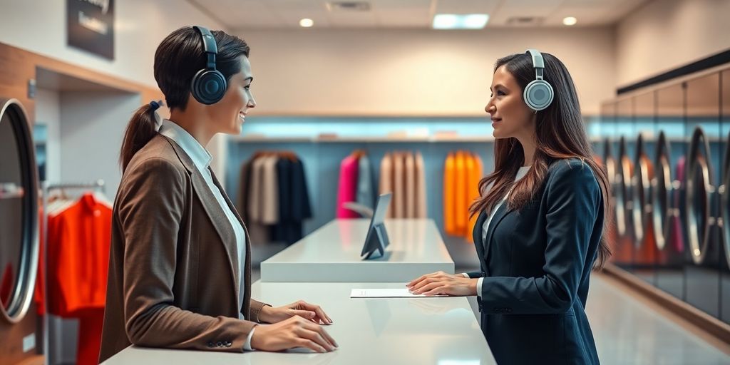 AI receptionist interacting with customers at a dry cleaner.
