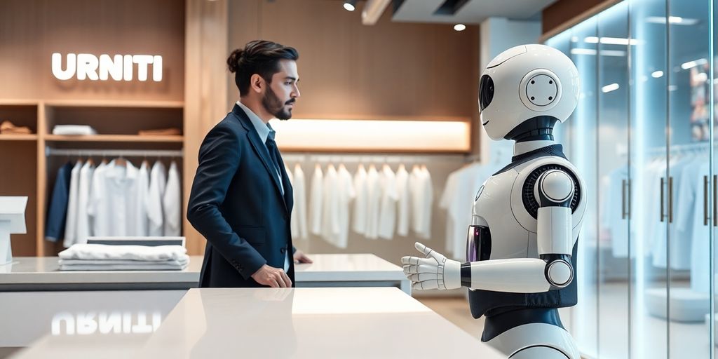 AI receptionist robot assisting a customer at a dry cleaner.