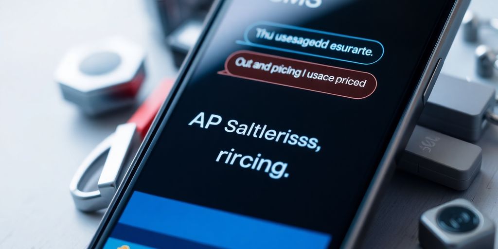 Smartphone displaying SMS interface with technology elements.