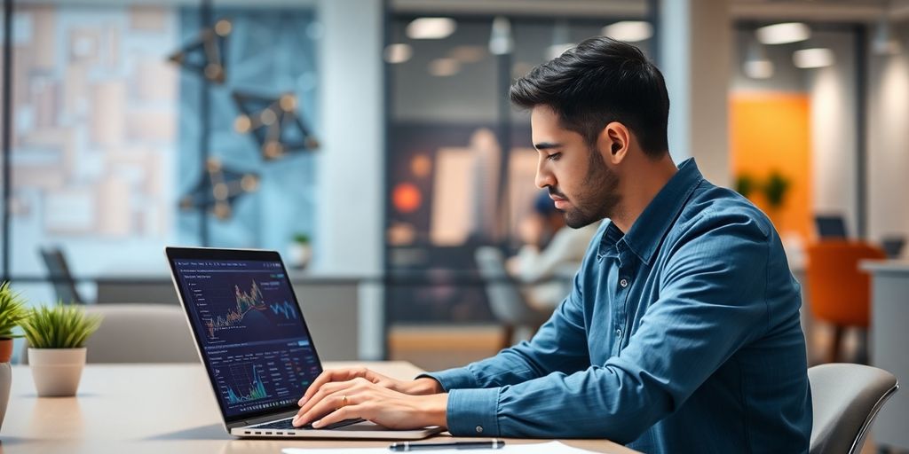 Modern office with person analyzing data on laptop.
