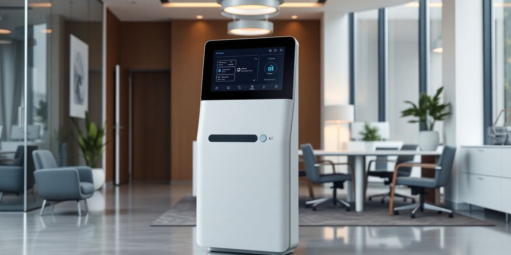 AI receptionist device in a modern office setting.