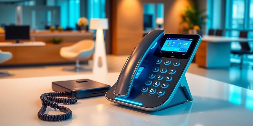 Futuristic AI phone receptionist in a modern office.