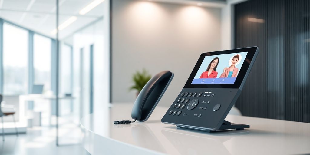 Modern AI phone receptionist in a stylish office.
