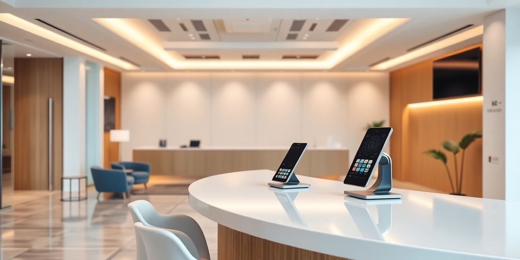 Modern office with AI phone receptionist at the desk.