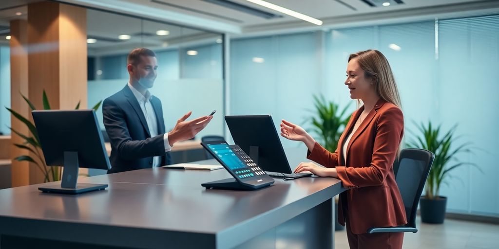 AI receptionist in a contemporary office environment.