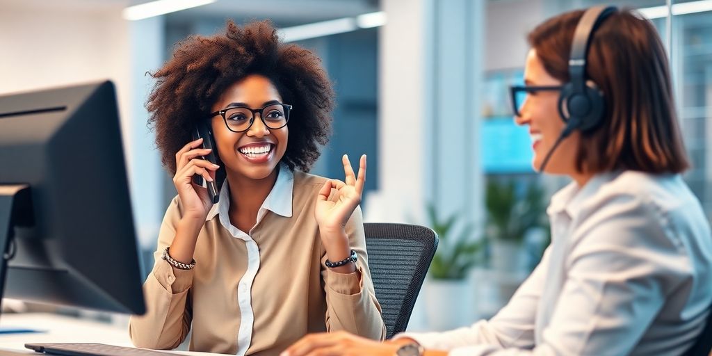 AI phone agent interacting with a client in an office.