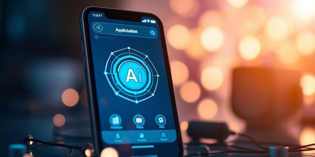 Smartphone with AI app on a blurred tech background.