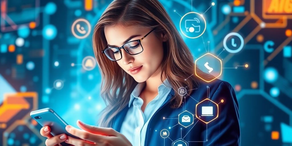 Person using smartphone with futuristic technology elements.