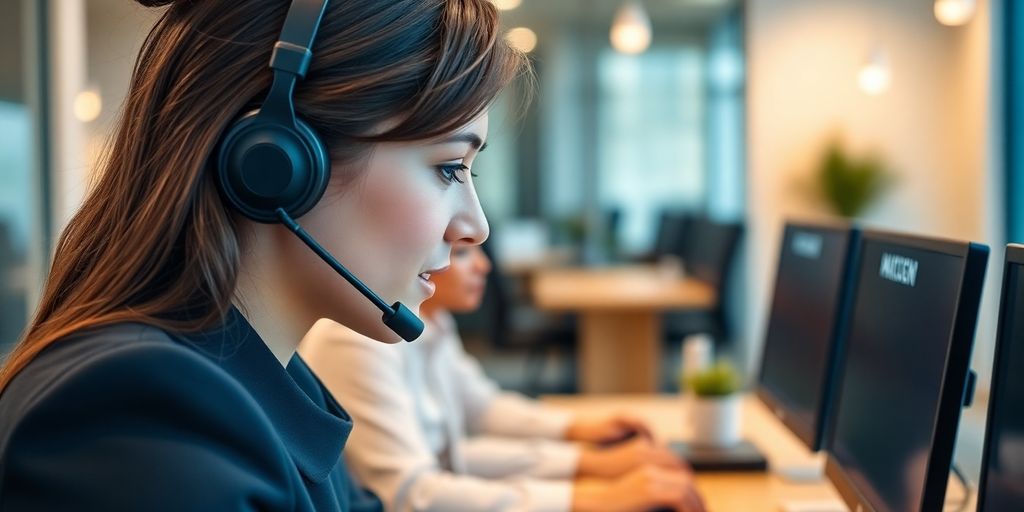 Person using headset in a modern phone answering service.