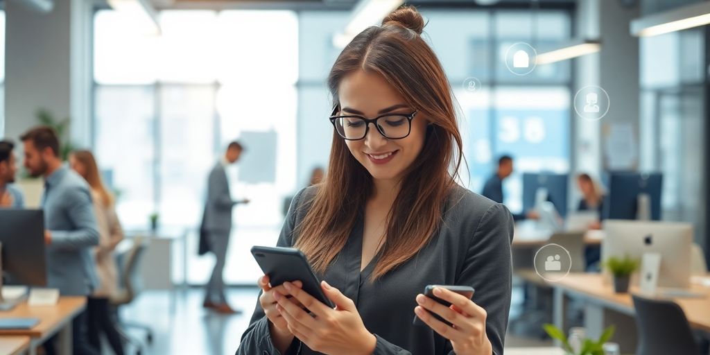 Professional using smartphone in a modern office environment.