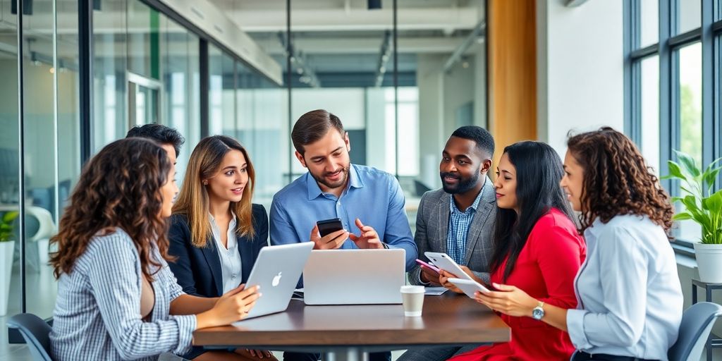 Diverse professionals discussing AI chat technology in office.