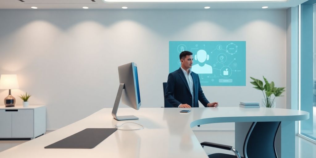 Futuristic office with virtual assistant technology image.