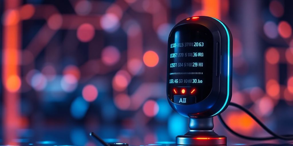 AI voice synthesis device with glowing elements and technology backdrop.